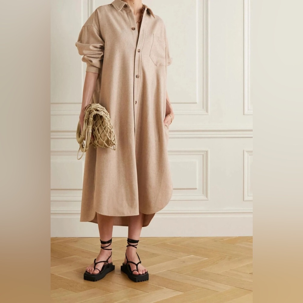 NWT The Frankie Shop Mélange Wool-Blend Felt Midi Shirt Dress in Beige